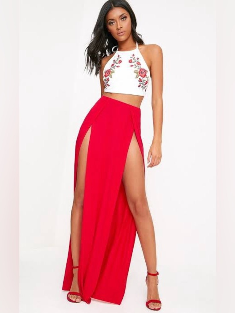 Pretty Little Thing- Double split maxi skirt in Red- Size US 8 / UK 12 NWTS!!!
